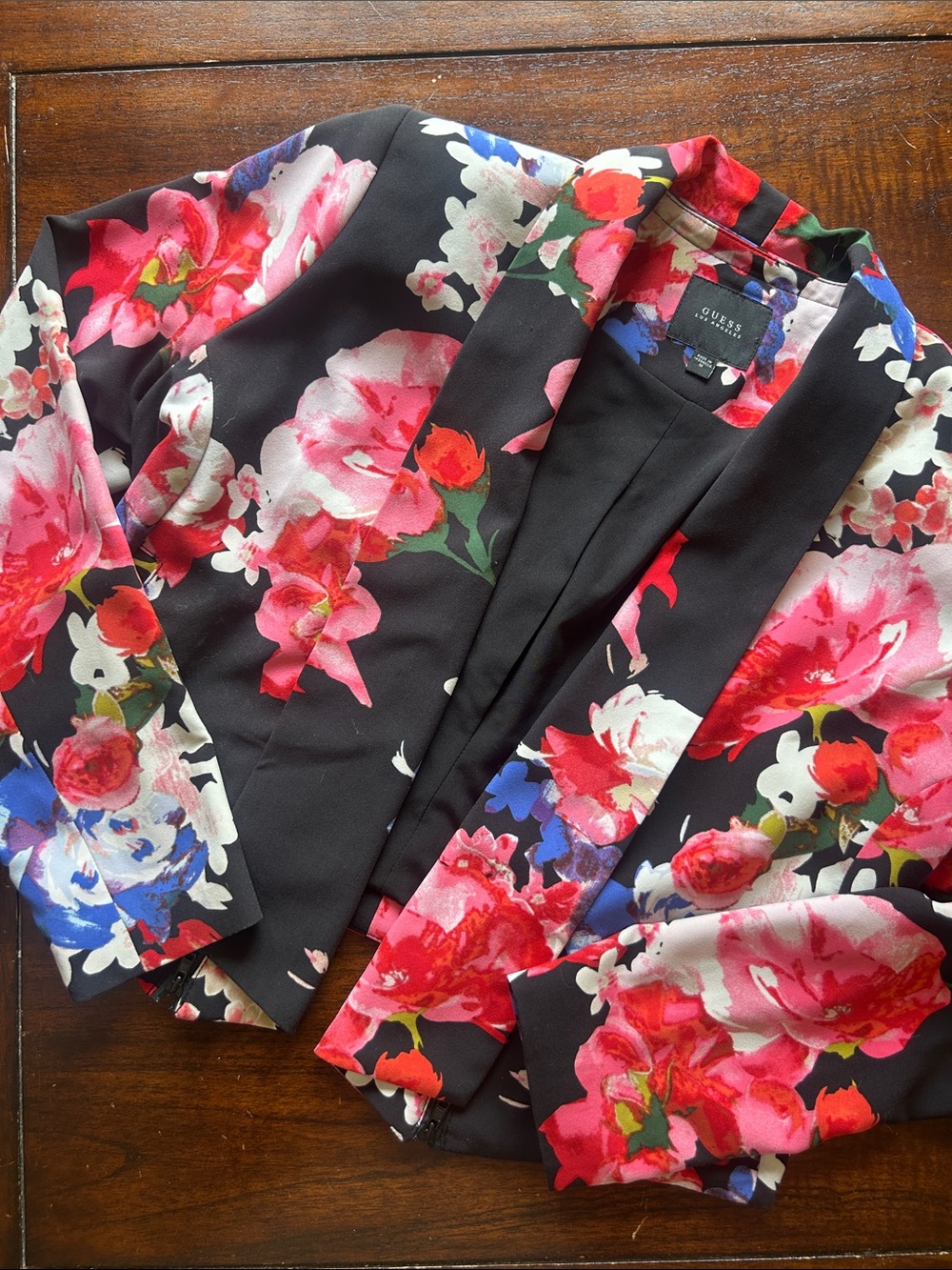 GUESS Floral Blazer — Black with Pink & Red Roses